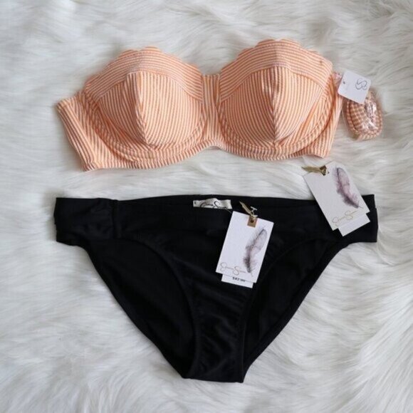 NEW Jessica Simpson Orange Striped Strapless Bikini Bathing Suit Set Size Medium - Picture 1 of 7